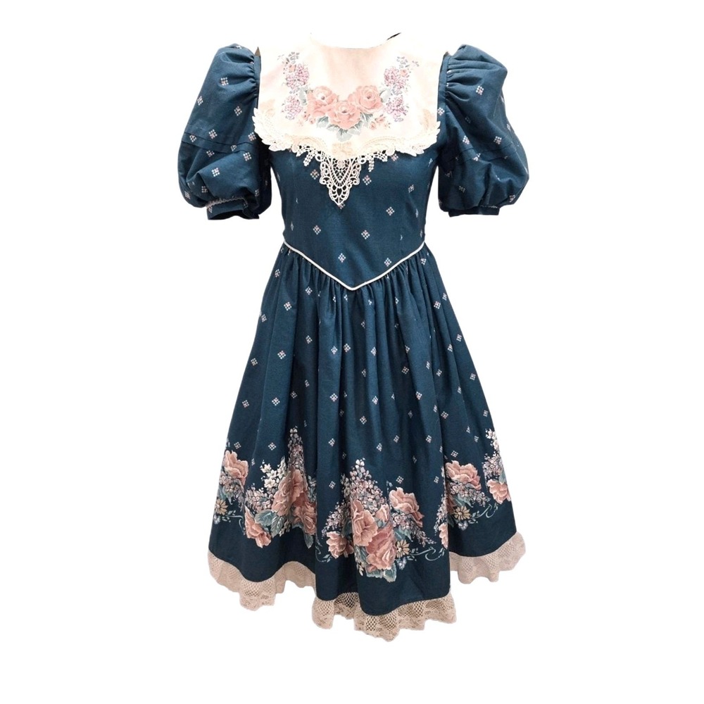VTG 1990s Daisy Kingdom Factory Dress Size 12 Teal‎ Rose Border Print Crinoline